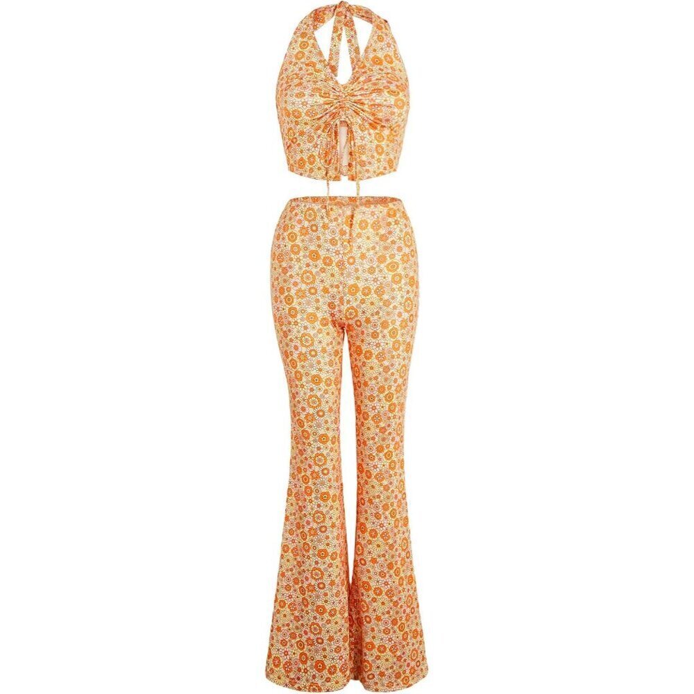 Women’s 2 Piece Outfit Polyester Crop Halter Top Wide Leg Pants Set